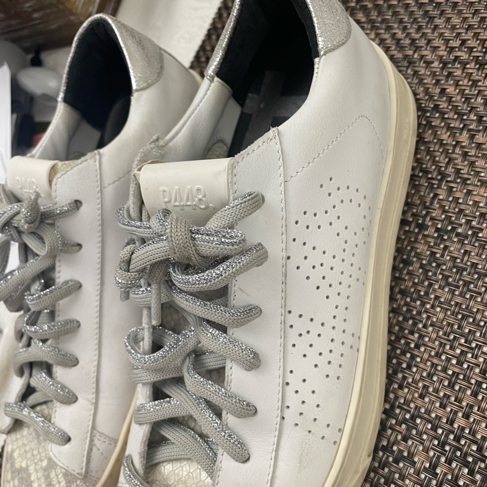 Women White Leather Sneakers with Silver Accents